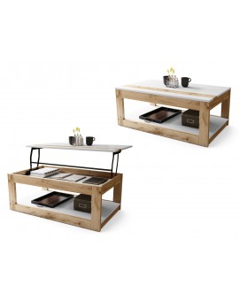LUSSO Wit Mat/Wotan Eik - MODERNE SALONTAFEL MET VERHOOGD BLAD + OPBERGRUIMTE + SCHAP (OP WIELEN!)