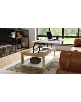 LUSSO Wit Mat/Wotan Eik - MODERNE SALONTAFEL MET VERHOOGD BLAD + OPBERGRUIMTE + SCHAP (OP WIELEN!)