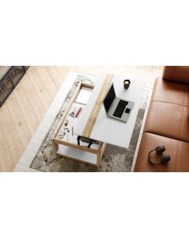 LUSSO Wit Mat/Wotan Eik - MODERNE SALONTAFEL MET VERHOOGD BLAD + OPBERGRUIMTE + SCHAP (OP WIELEN!)
