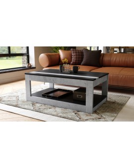LUSSO Zwart Mat/Millenium Beton - MODERNE SALONTAFEL MET VERHOOGD BLAD + OPBERGRUIMTE + SCHAP (OP WIELEN!)