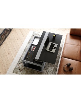 LUSSO Zwart Mat/Millenium Beton - MODERNE SALONTAFEL MET VERHOOGD BLAD + OPBERGRUIMTE + SCHAP (OP WIELEN!)