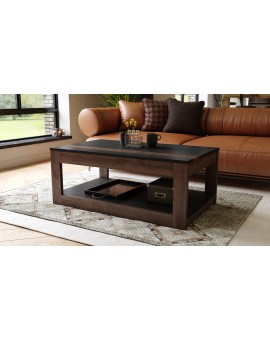 LUSSO Zwart mat/Bruine Eik - MODERNE SALONTAFEL MET VERHOOGD BLAD + OPBERGRUIMTE + SCHAP (OP WIELEN!)