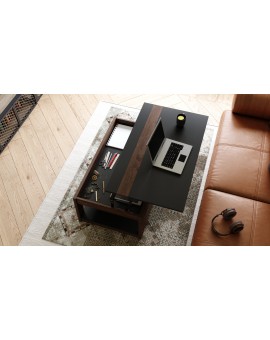 LUSSO Zwart mat/Bruine Eik - MODERNE SALONTAFEL MET VERHOOGD BLAD + OPBERGRUIMTE + SCHAP (OP WIELEN!)