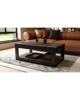 LUSSO Bruin Eiken/Zwart Mat - MODERNE SALONTAFEL MET VERHOOGD BLAD + OPBERGRUIMTE + SCHAP (OP WIELEN!)