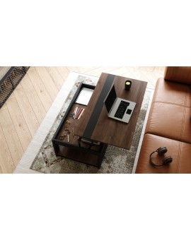 LUSSO Bruin Eiken/Zwart Mat - MODERNE SALONTAFEL MET VERHOOGD BLAD + OPBERGRUIMTE + SCHAP (OP WIELEN!)