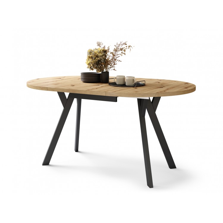 ALMO Eiken Artisan/Zwarte poten - RONDE LOFT/INDUSTRIËLE TAFEL VOOR WOONKAMER/EETKAMER, UITSCHUIFBAAR