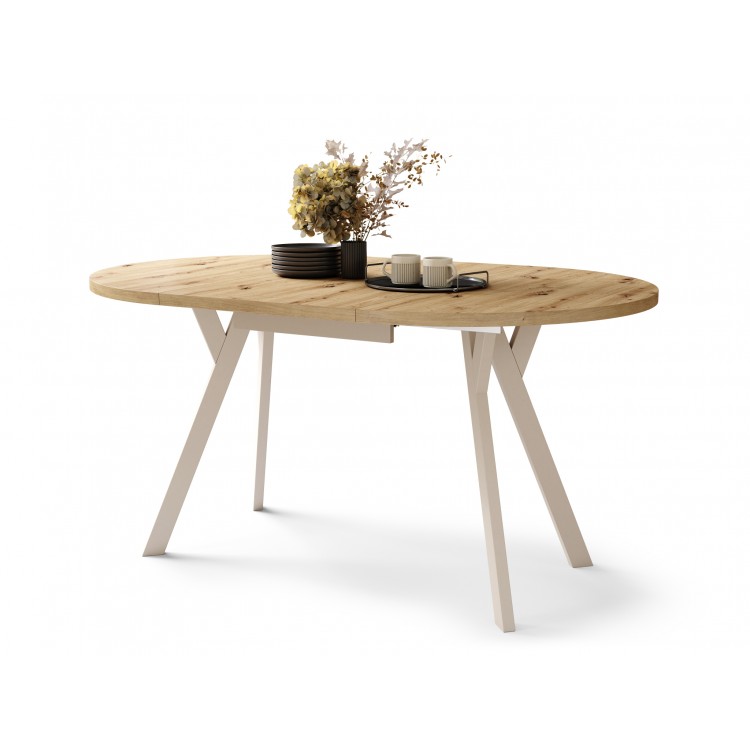 ALMO Eiken Artisan/Beige poten - RONDE LOFT/INDUSTRIËLE TAFEL VOOR WOONKAMER/EETKAMER, UITSCHUIFBAAR