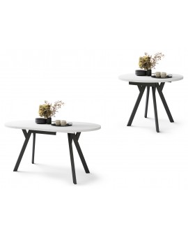 ALMO Wit Mat/Zwarte poten - RONDE LOFT/INDUSTRIËLE TAFEL VOOR WOONKAMER/EETKAMER, UITSCHUIFBAAR