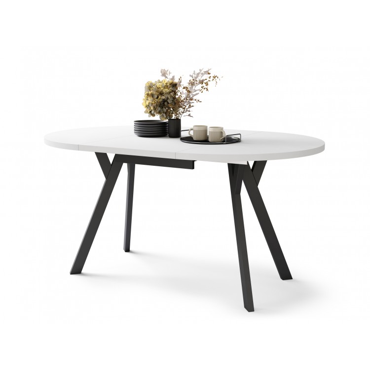 ALMO Wit Mat/Zwarte poten - RONDE LOFT/INDUSTRIËLE TAFEL VOOR WOONKAMER/EETKAMER, UITSCHUIFBAAR