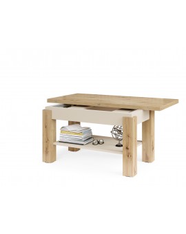 BRAVO ARTISAN EIKEN / BEIGE - SALONTAFEL MET PLANK, OPKLAPBAAR VERHOOGD
