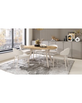 IRIS Beige (stof Basel 24) / beige onderstel – MODERNE GESTOFFEERDE STOEL VOOR WOONKAMER / EETKAMER IN BOHO-STIJL