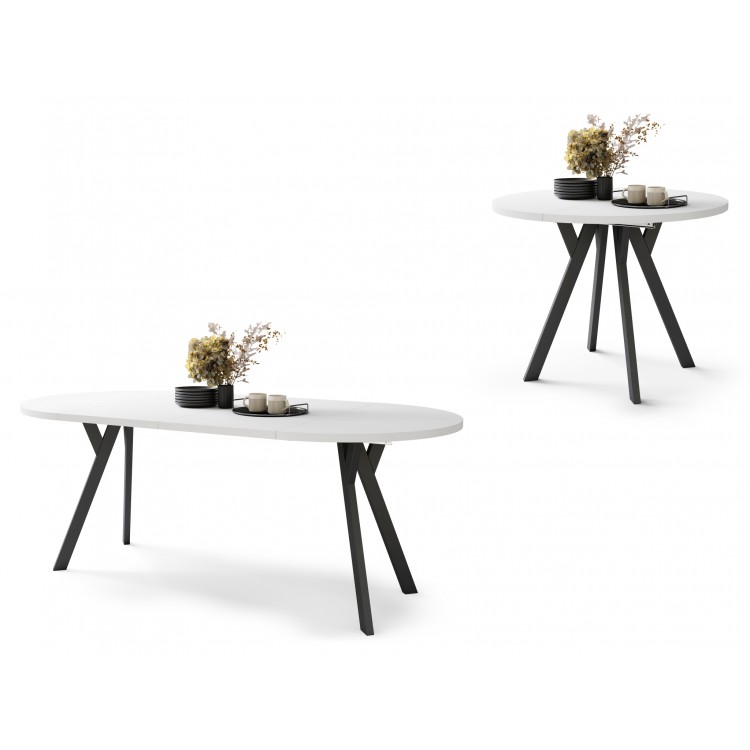 ALMO 100 Wit Mat/Zwarte poten - RONDE LOFT/INDUSTRIËLE TAFEL VOOR WOONKAMER/EETKAMER, UITSCHUIFBAAR