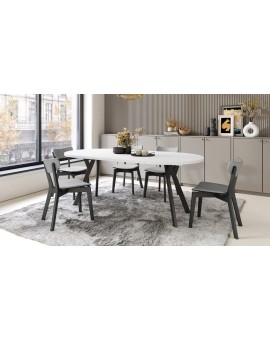 ALMO 100 Wit Mat/Zwarte poten - RONDE LOFT/INDUSTRIËLE TAFEL VOOR WOONKAMER/EETKAMER, UITSCHUIFBAAR