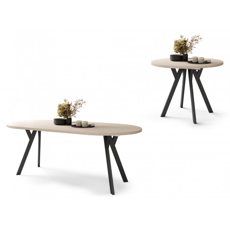 ALDO 100 Beige/Zwarte poten - RONDE LOFT/INDUSTRIËLE TAFEL VOOR WOONKAMER/EETKAMER, UITSCHUIFBAAR