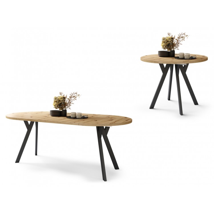 ALMO 100 Eiken Artisan/Zwarte poten - RONDE LOFT/INDUSTRIËLE TAFEL VOOR WOONKAMER/EETKAMER, UITSCHUIFBAAR