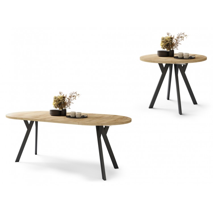ALMO 100 Eiken Craft Gold/Zwarte poten - RONDE LOFT/INDUSTRIËLE TAFEL VOOR WOONKAMER/EETKAMER, UITSCHUIFBAAR