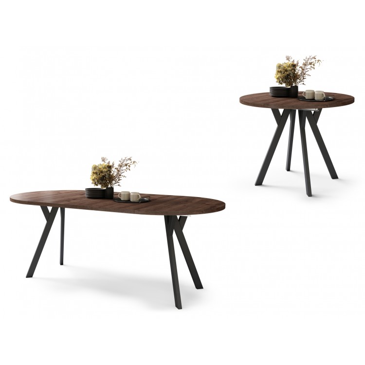 ALMO 100 Eiken Bruin/Zwarte poten - RONDE LOFT/INDUSTRIËLE TAFEL VOOR WOONKAMER/EETKAMER, UITSCHUIFBAAR