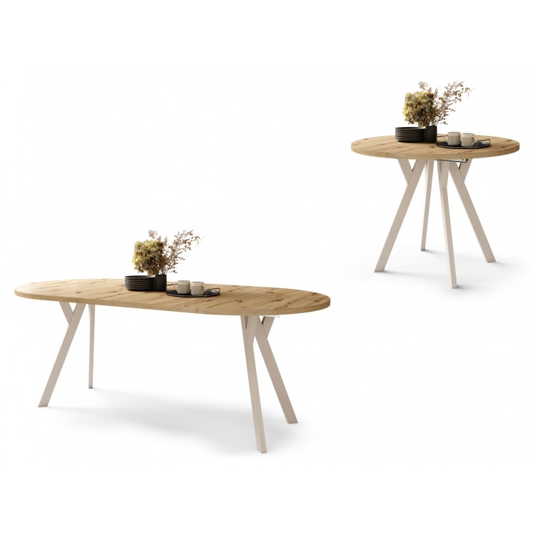 ALDO 100 Eiken Artisan/Beige poten - RONDE LOFT/INDUSTRIËLE TAFEL VOOR WOONKAMER/EETKAMER, UITSCHUIFBAAR