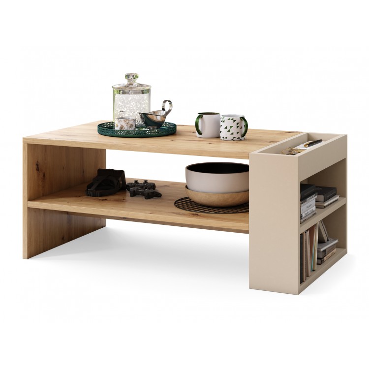 NEFRI Eikenhout Artisan / beige - MODERNE KOFFIETAFEL MET LEGPLANK NEFRI Eikenhout Artisan / beige - MODERNE KOFFIETAFEL MET LEGPLANK