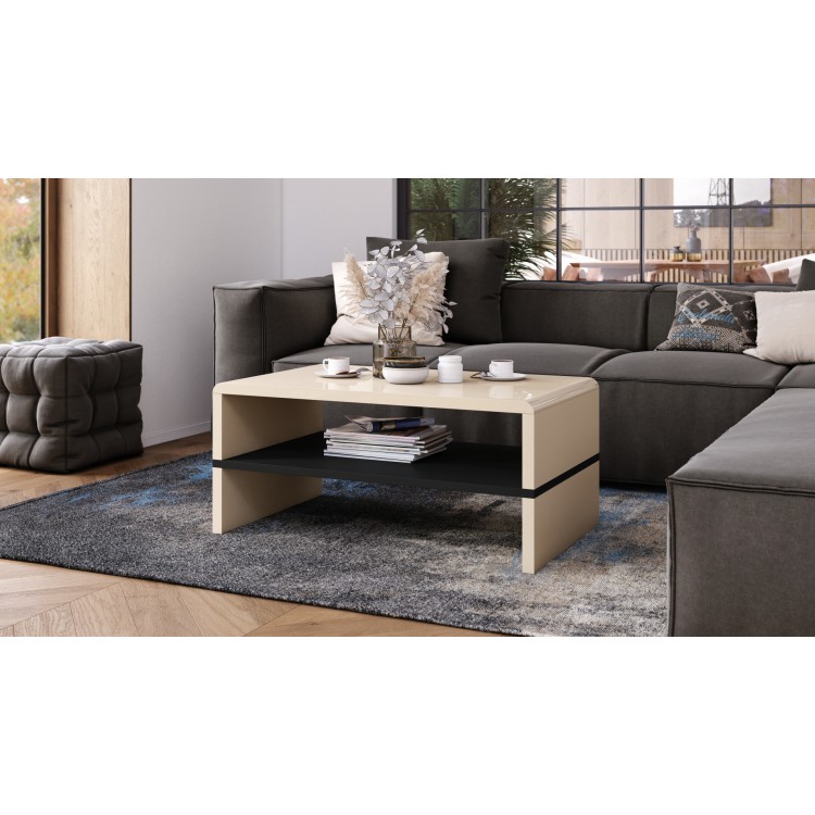 ROCK Beige glans / Zwart mat – MODERNE SALONTAFEL MET PLANK ROCK Beige glans / Zwart mat – MODERNE SALONTAFEL MET PLANK