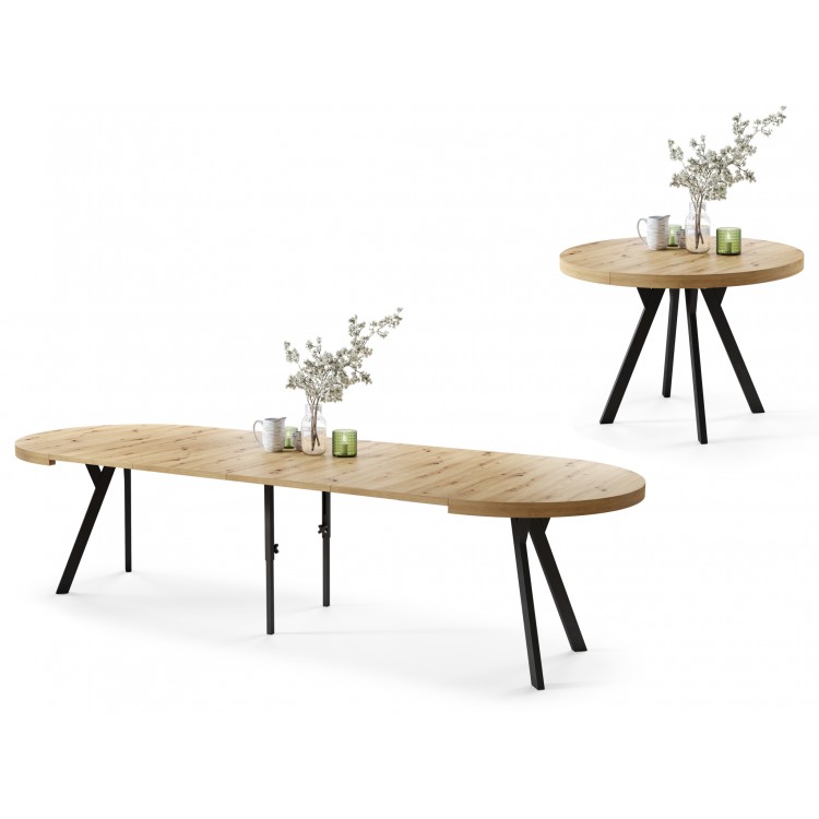 EXPANSO Eik Artisan/zwarte poten - GROTE RONDE TAFEL Ø110 UITBREIDBAAR TOT 310 cm met Y-POTEN LOFT/INDUSTRIAL