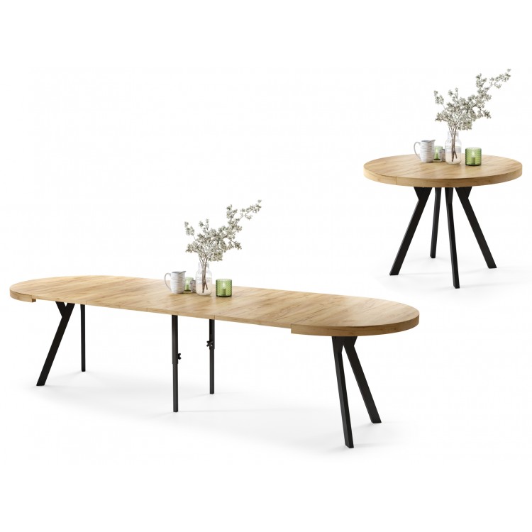 EXPANSO Eik Craft Złoty/zwarte poten - GROTE RONDE TAFEL Ø110 UITBREIDBAAR TOT 310 cm met Y-POTEN LOFT/INDUSTRIAL