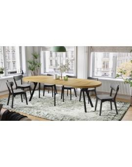 EXPANSO Amerikaanse eik/zwarte poten - GROTE RONDE TAFEL Ø110 UITBREIDBAAR TOT 310 cm met Y-POTEN LOFT/INDUSTRIAL