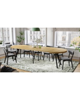 EXPANSO Amerikaanse eik/zwarte poten - GROTE RONDE TAFEL Ø110 UITBREIDBAAR TOT 310 cm met Y-POTEN LOFT/INDUSTRIAL