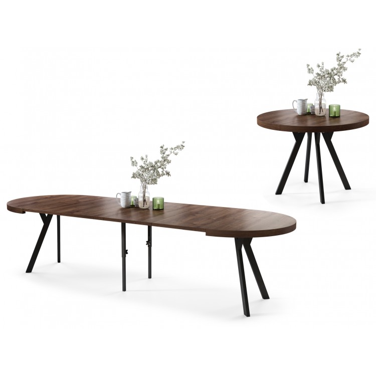 EXPANSO Bruine eik/zwarte poten - GROTE RONDE TAFEL Ø110 UITBREIDBAAR TOT 310 cm met Y-POTEN LOFT/INDUSTRIAL