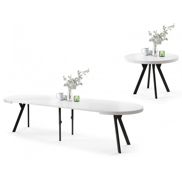 EXPANSO Wit mat/zwarte poten - GROTE RONDE TAFEL Ø110 UITBREIDBAAR TOT 310 cm met Y-POTEN LOFT/INDUSTRIAL