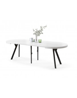 EXPANSO Wit mat/zwarte poten - GROTE RONDE TAFEL Ø110 UITBREIDBAAR TOT 310 cm met Y-POTEN LOFT/INDUSTRIAL