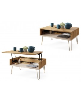 HAIRPIN S-90 Eik Artisan/Beige (Champagne) - MODERNE SALONTAFEL MET OPKLAPBAAR BLAD + OPBERGRUIMTE + PLANK