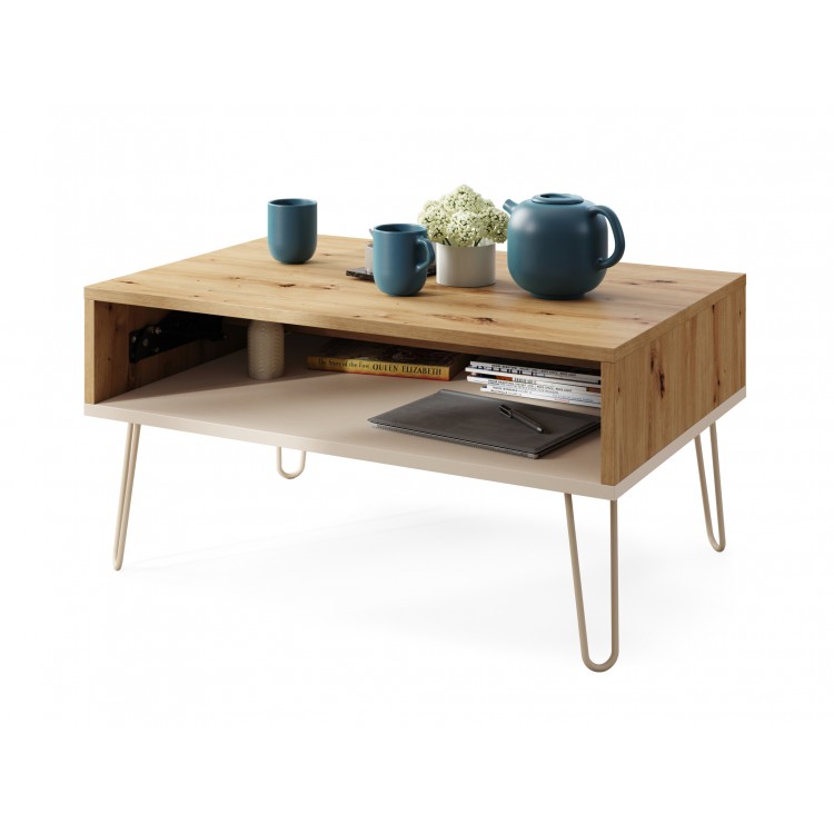 HAIRPIN S-90 Eik Artisan/Beige (Champagne) - MODERNE SALONTAFEL MET OPKLAPBAAR BLAD + OPBERGRUIMTE + PLANK