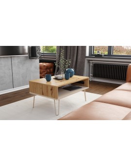 HAIRPIN S-90 Eik Artisan/Beige (Champagne) - MODERNE SALONTAFEL MET OPKLAPBAAR BLAD + OPBERGRUIMTE + PLANK