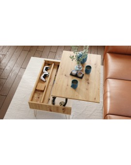 HAIRPIN S-90 Eik Artisan/Beige (Champagne) - MODERNE SALONTAFEL MET OPKLAPBAAR BLAD + OPBERGRUIMTE + PLANK