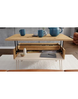 HAIRPIN S-90 Eik Artisan/Beige (Champagne) - MODERNE SALONTAFEL MET OPKLAPBAAR BLAD + OPBERGRUIMTE + PLANK