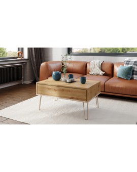 HAIRPIN S-90 Eik Artisan/Beige (Champagne) - MODERNE SALONTAFEL MET OPKLAPBAAR BLAD + OPBERGRUIMTE + PLANK