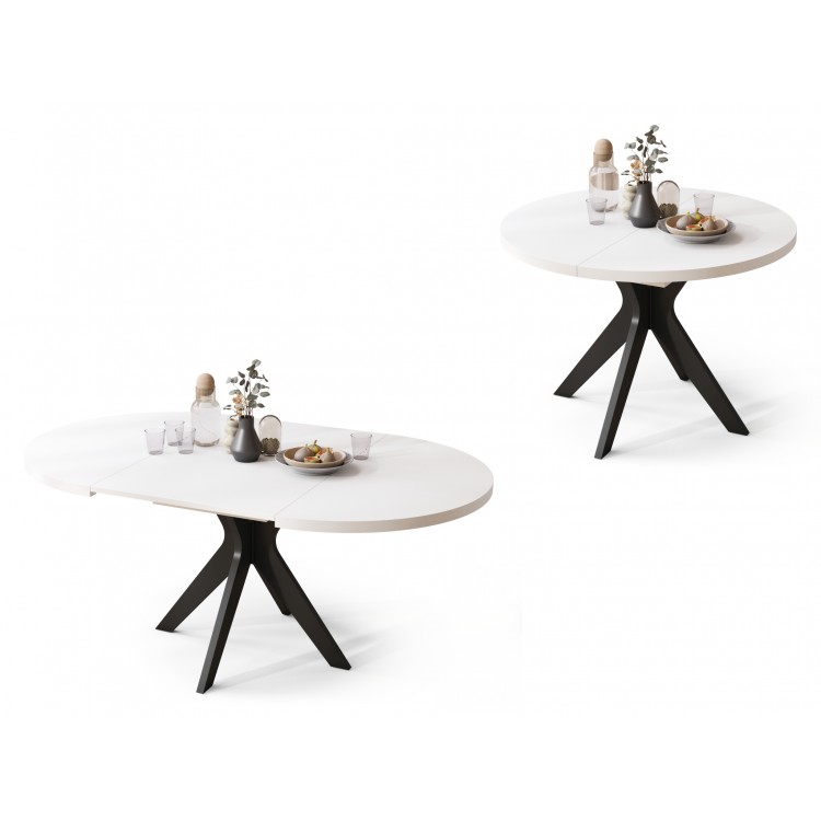 RENZO Wit/zwarte poot - RONDE TAFEL Ø110 UITKLAPBAAR TOT 180 cm | VOOR DE KEUKEN EETKAMER WOONKAMER RETRO