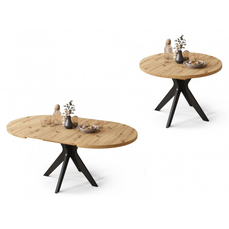 RENZO Artisan Eiken/zwarte poot - RONDE TAFEL Ø110 UITKLAPBAAR TOT 180 cm | VOOR DE KEUKEN EETKAMER WOONKAMER RETRO