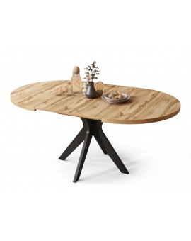 RENZO Wotan Eiken/zwarte poot - RONDE TAFEL Ø110 UITKLAPBAAR TOT 180 cm | VOOR DE KEUKEN EETKAMER WOONKAMER RETRO