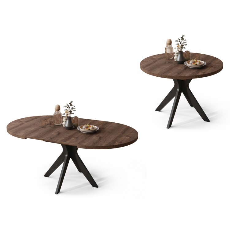 RENZO Bruin Eiken/zwarte poot - RONDE TAFEL Ø110 UITKLAPBAAR TOT 180 cm | VOOR DE KEUKEN EETKAMER WOONKAMER RETRO