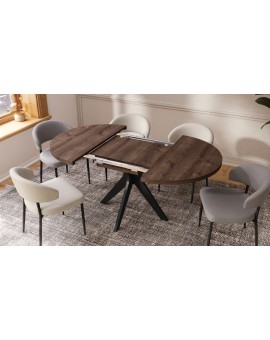 RENZO Bruin Eiken/zwarte poot - RONDE TAFEL Ø110 UITKLAPBAAR TOT 180 cm | VOOR DE KEUKEN EETKAMER WOONKAMER RETRO