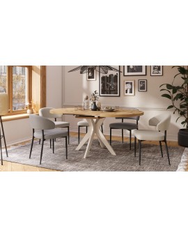 RENZO Artisan Eiken/beige poot (Champagne) - RONDE TAFEL Ø110 UITKLAPBAAR TOT 180 cm |VOOR DE KEUKEN EETKAMER WOONKAMER RETRO