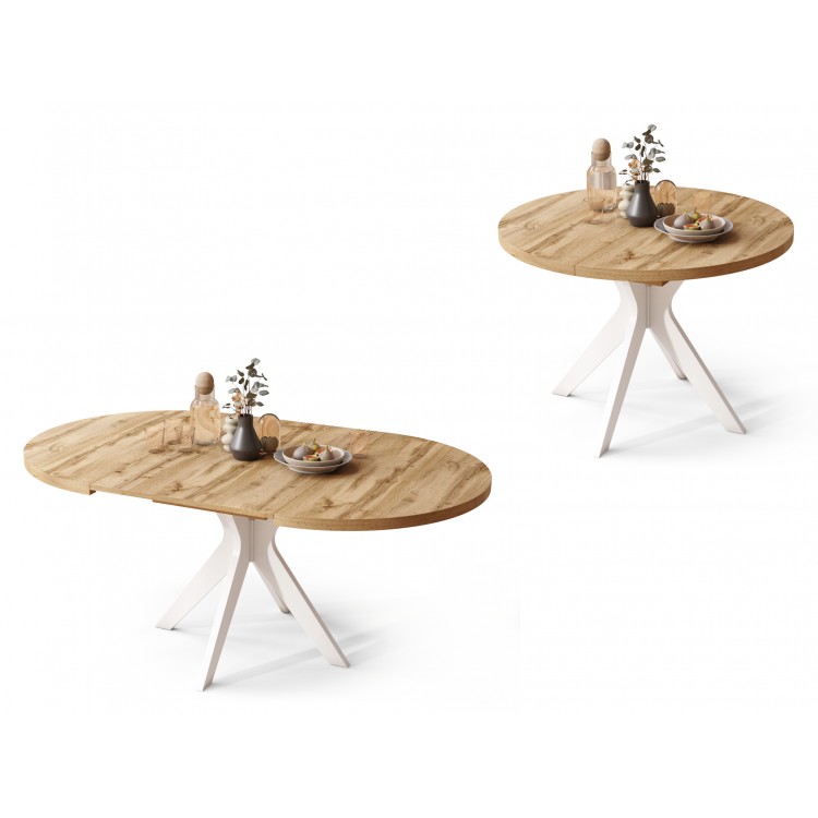 RENZO Wotan Eiken/witte poot - RONDE TAFEL Ø110 UITKLAPBAAR TOT 180 cm | VOOR DE KEUKEN EETKAMER WOONKAMER RETRO