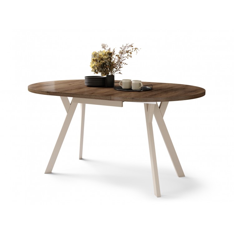 ALMO Elegante walnoot/Beige poten - RONDE LOFT/INDUSTRIËLE TAFEL VOOR WOONKAMER/EETKAMER, UITSCHUIFBAAR