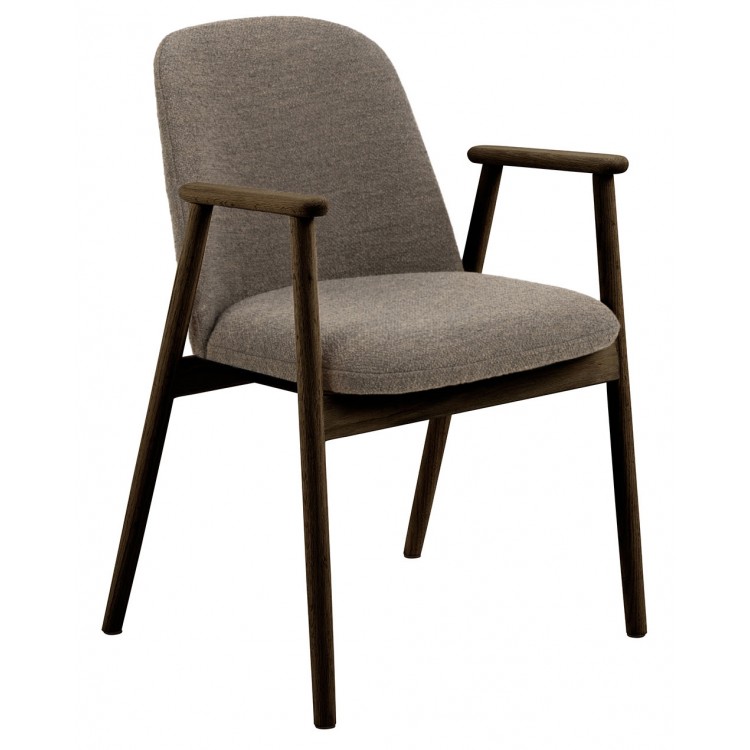 RODERIC Bruin Taupe (stof Monza 40) / gelakt eikenhouten frame – gerookt eiken (walnootkleur) – HOUTEN BOUCLÉ RETRO STOEL