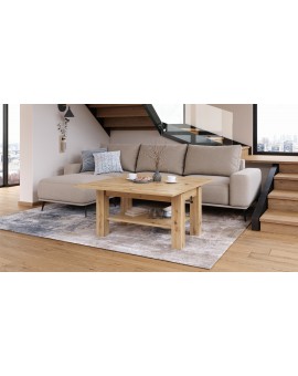 BRAVO artisan eiken – uitschuifbare en in hoogte verstelbare salontafel, tafel met plank