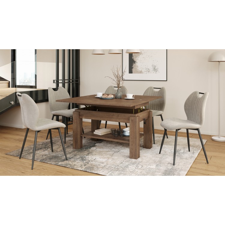 BRAVO bruin eiken – uitschuifbare en in hoogte verstelbare salontafel, tafel met plank