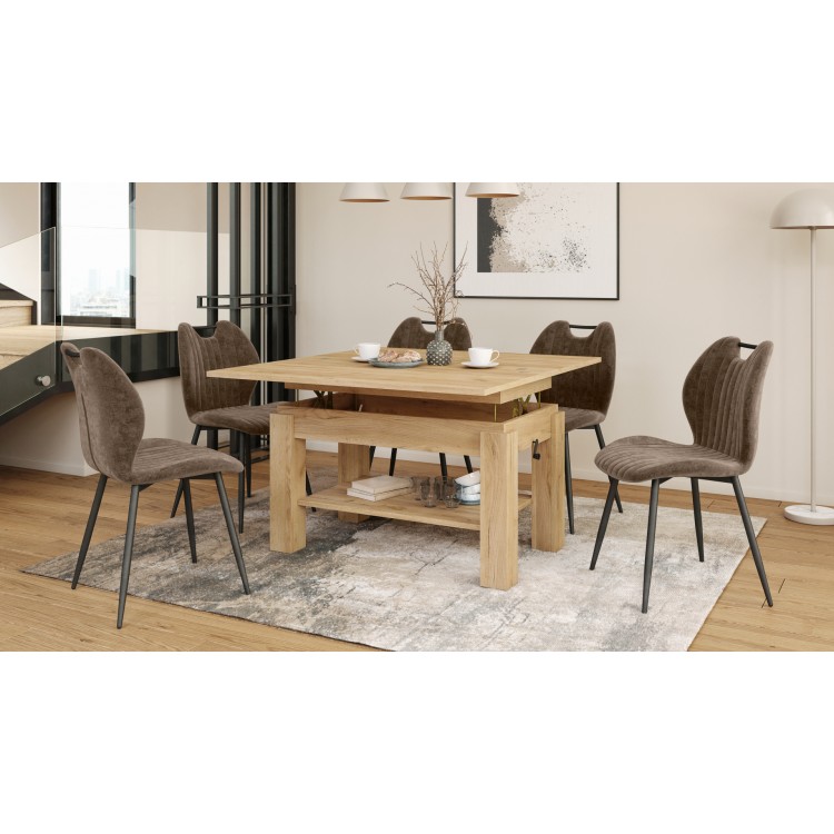 BRAVO goud eiken – uitschuifbare en in hoogte verstelbare salontafel, tafel met plank