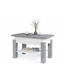 BRAVO beton / wit – uitschuifbare en in hoogte verstelbare salontafel, tafel met plank